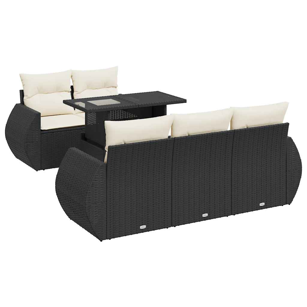 6-delige Loungeset met kussens poly rattan zwart