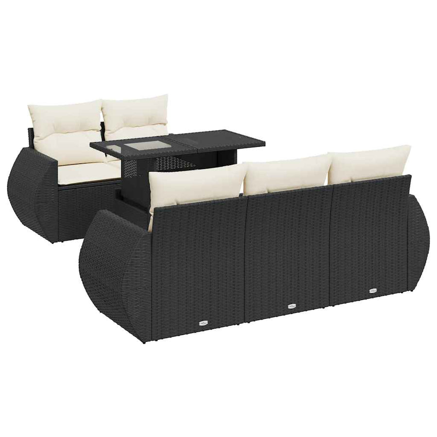 6-delige Loungeset met kussens poly rattan zwart