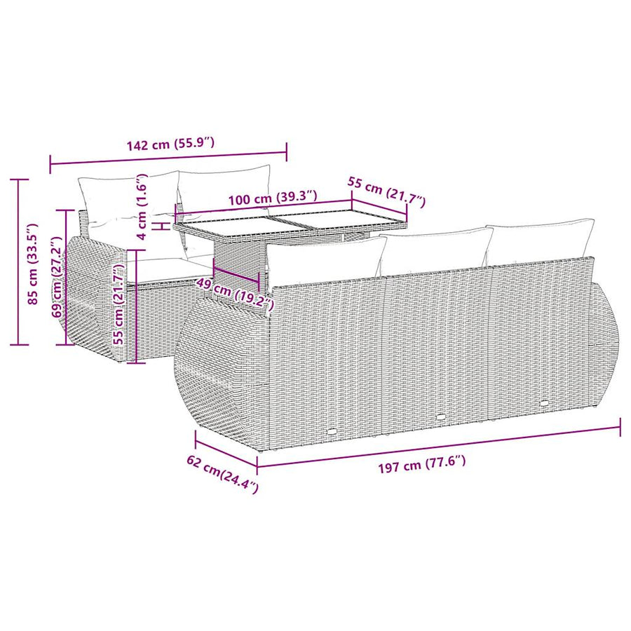 6-delige Loungeset met kussens poly rattan zwart