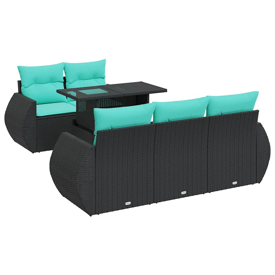 6-delige Loungeset met kussens poly rattan acacia zwart