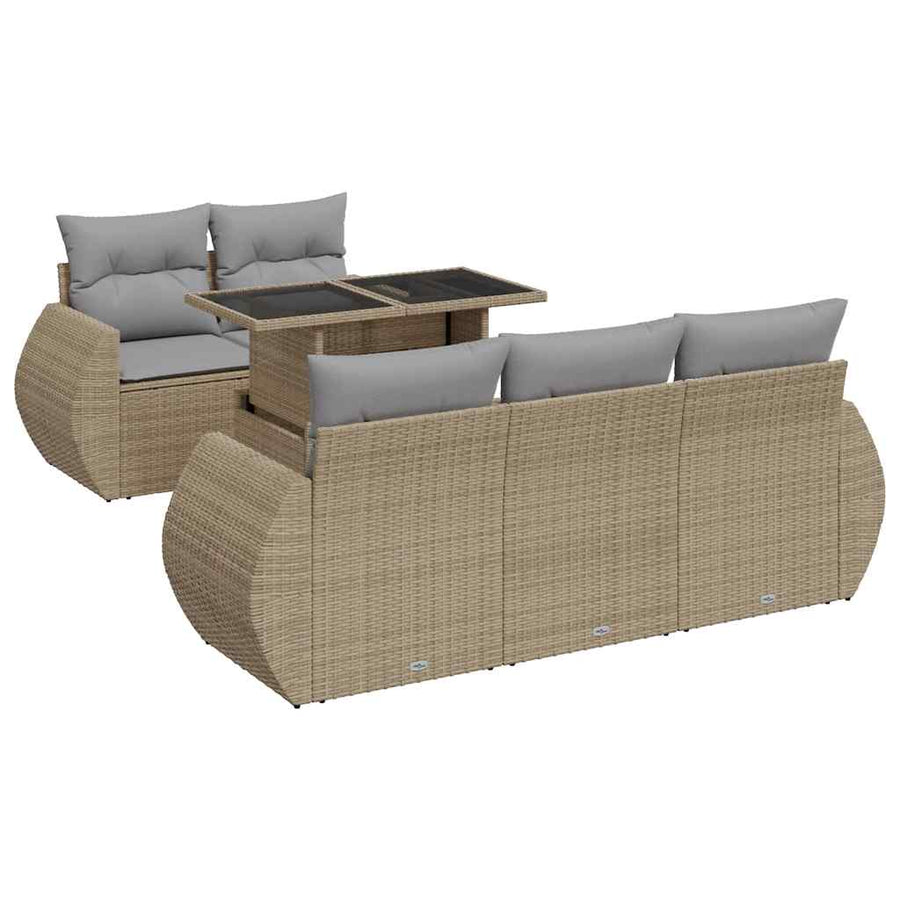 6-delige Loungeset met kussens poly rattan beige