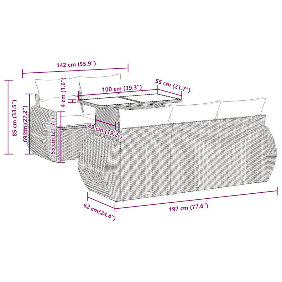6-delige Loungeset met kussens poly rattan beige