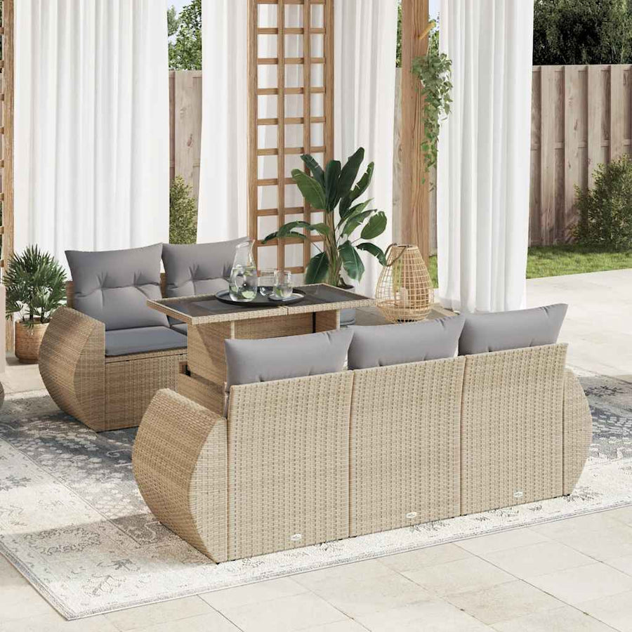 6-delige Loungeset met kussens poly rattan beige