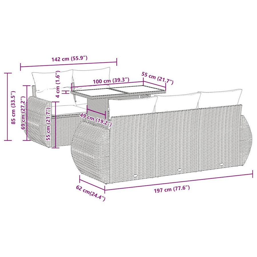 6-delige Loungeset met kussens poly rattan grijs
