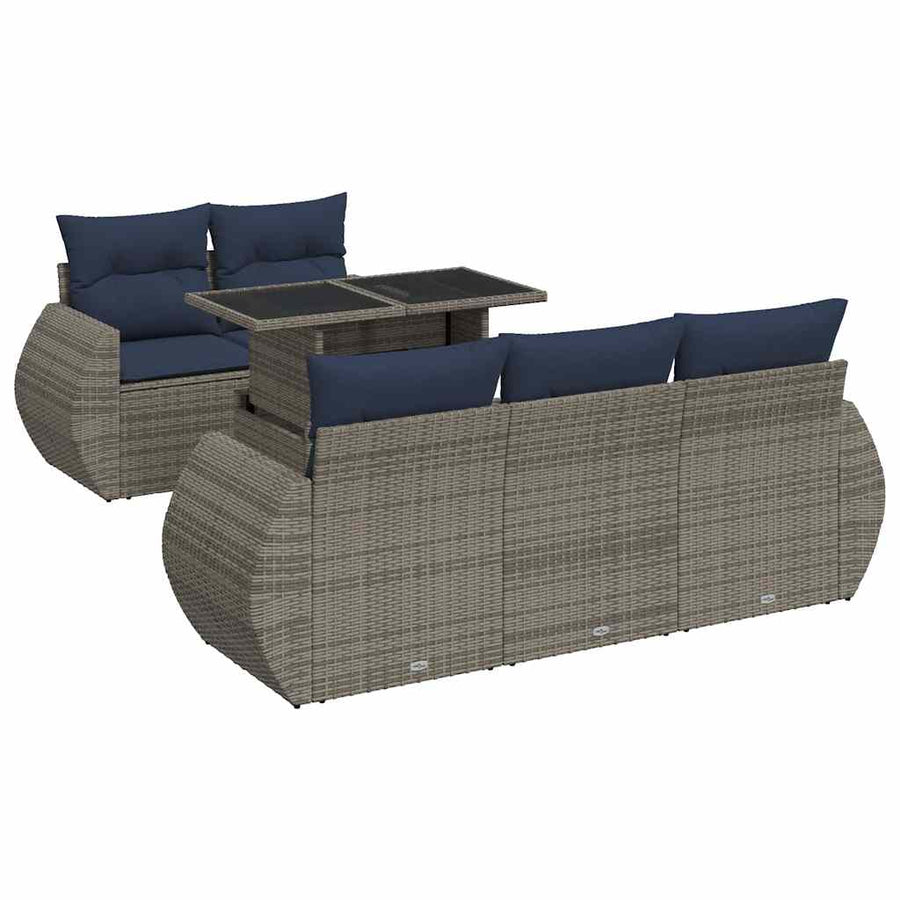 6-delige Loungeset met kussens poly rattan acacia grijs