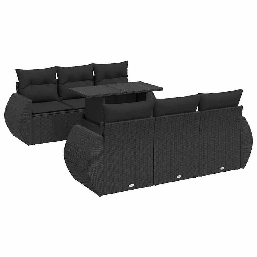 7-delige Loungeset met kussens poly rattan zwart