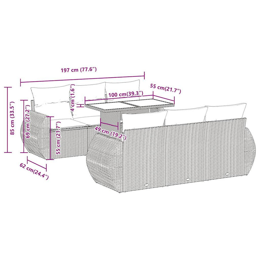 7-delige Loungeset met kussens poly rattan zwart