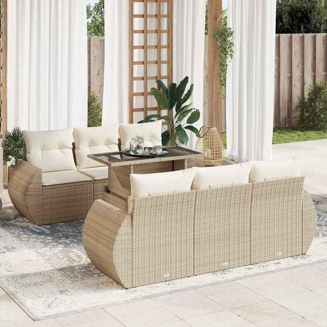 7-delige Loungeset met kussens poly rattan beige