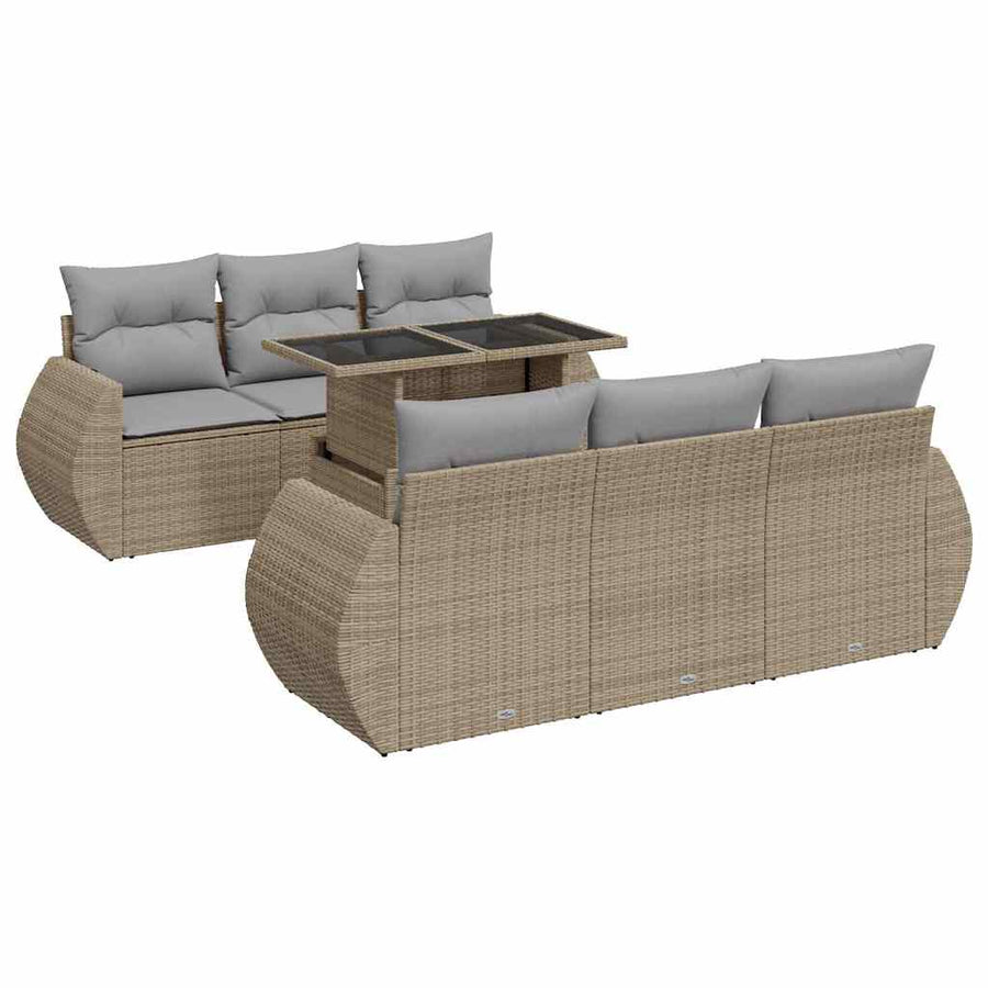 7-delige Loungeset met kussens poly rattan beige