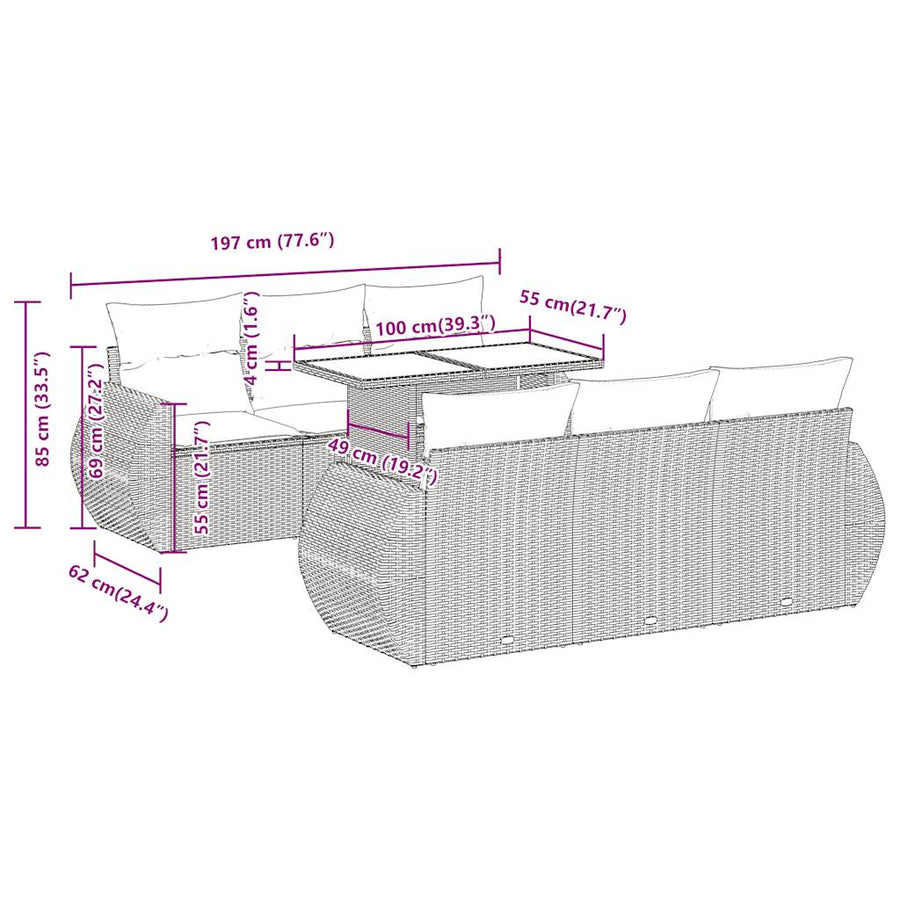 7-delige Loungeset met kussens poly rattan beige