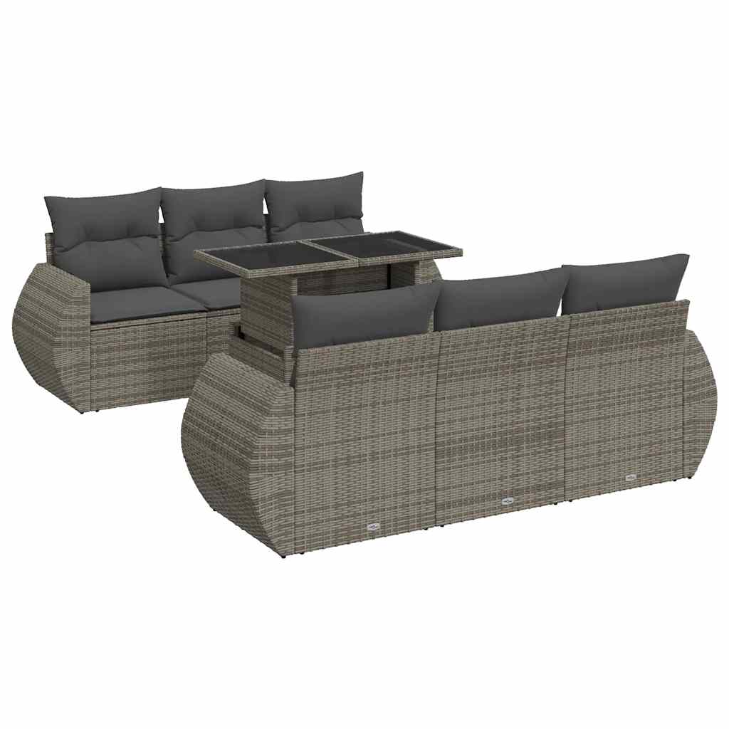 7-delige Loungeset met kussens poly rattan grijs