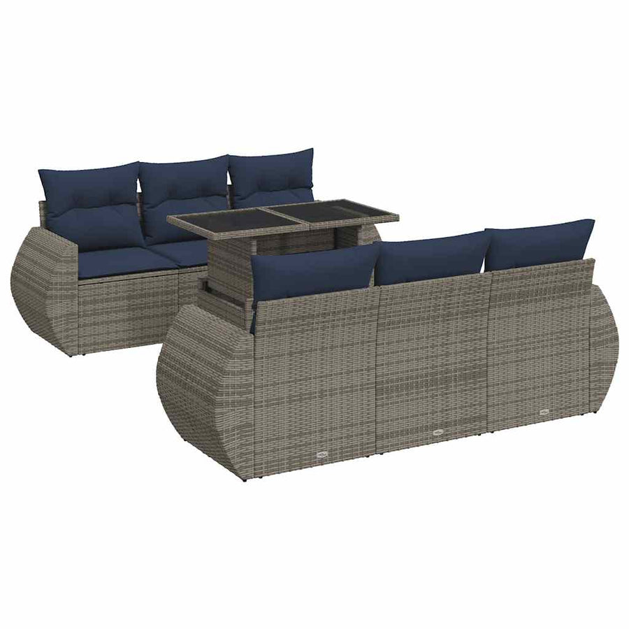 7-delige Loungeset met kussens poly rattan acacia grijs