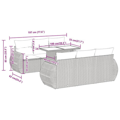 7-delige Loungeset met kussens poly rattan acacia grijs