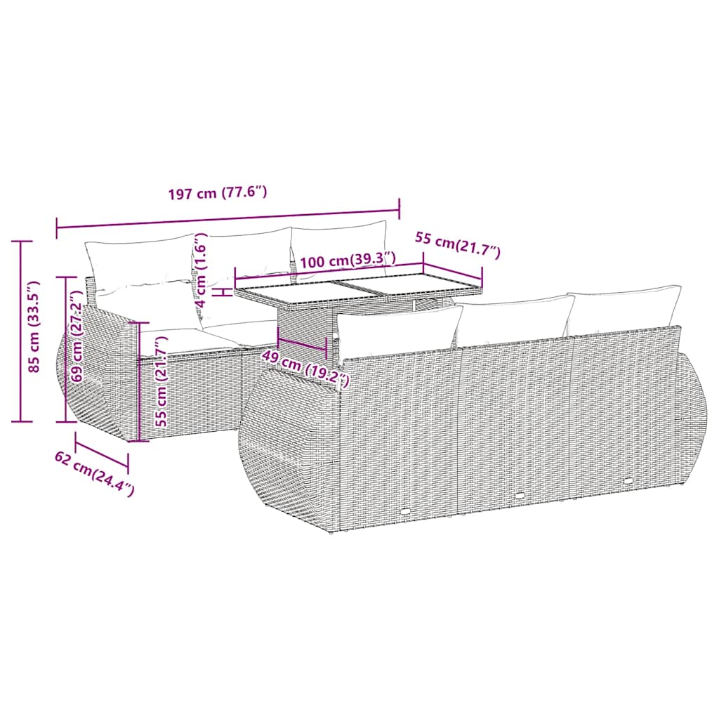 7-delige Loungeset met kussens poly rattan acacia bruin