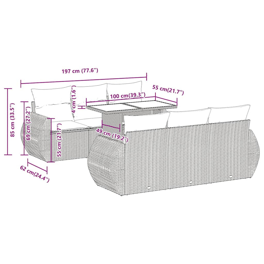7-delige Loungeset met kussens poly rattan acacia bruin