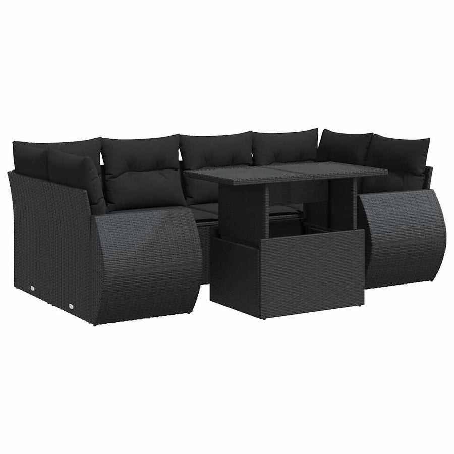 7-delige Loungeset met kussens poly rattan zwart