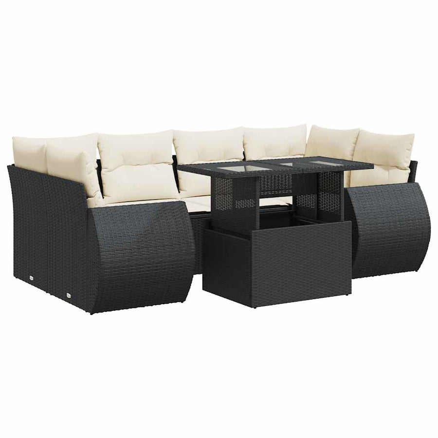 7-delige Loungeset met kussens poly rattan zwart