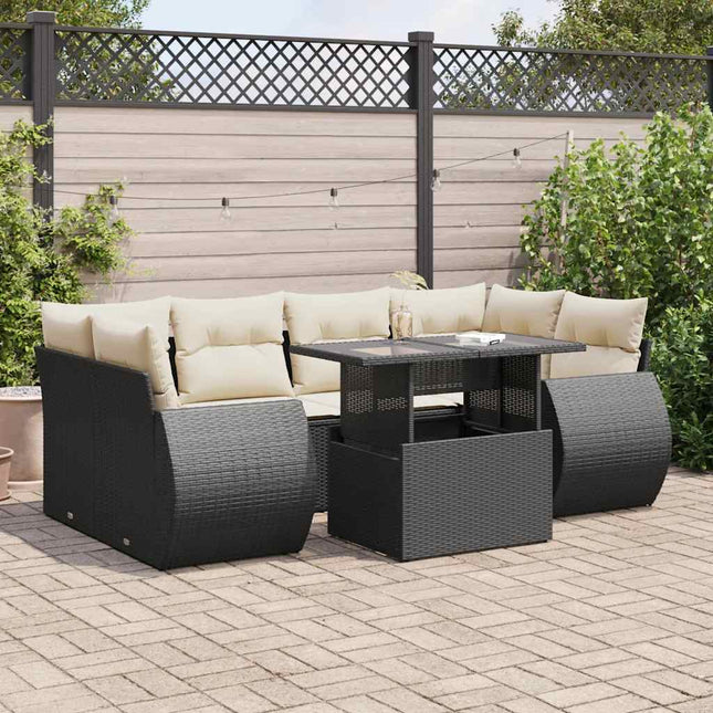 7-delige Loungeset met kussens poly rattan zwart