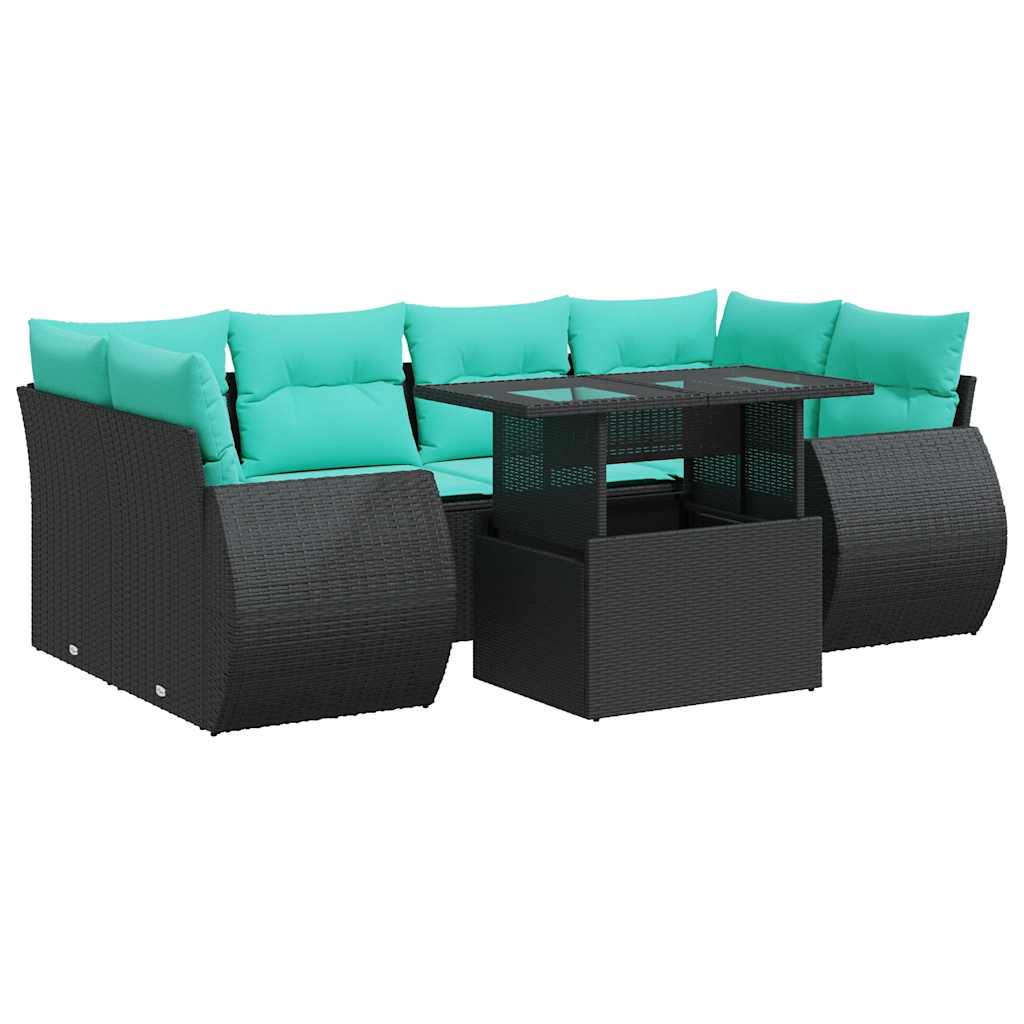 7-delige Loungeset met kussens poly rattan acacia zwart
