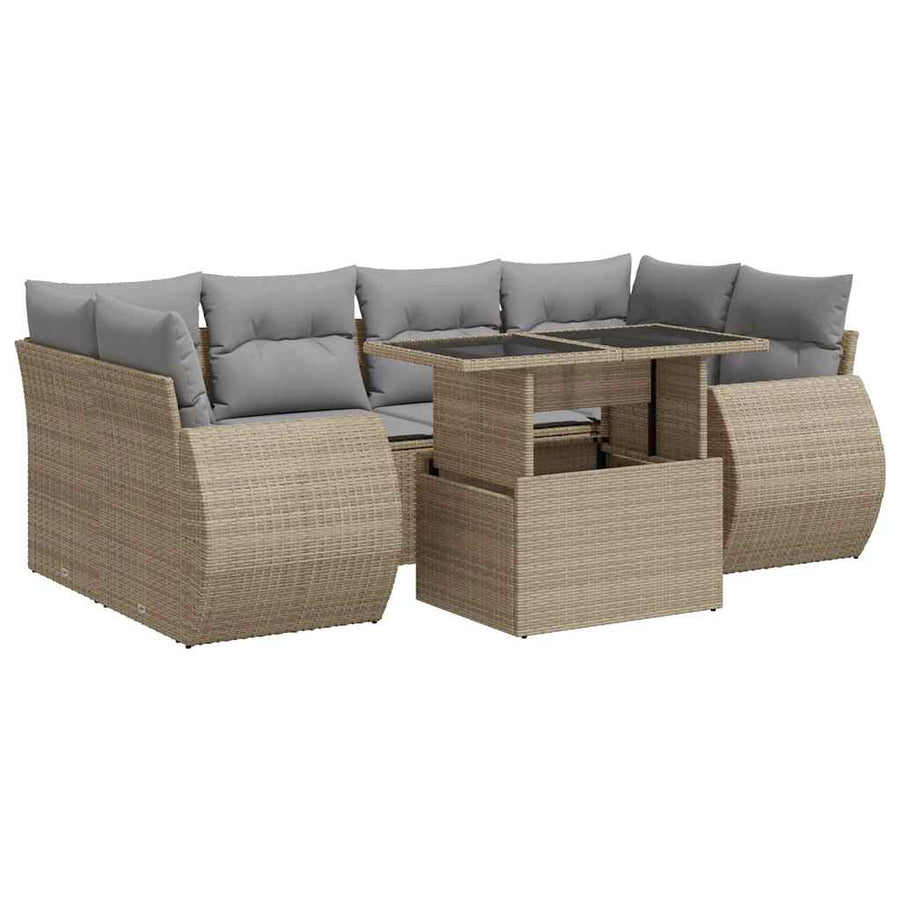 7-delige Loungeset met kussens poly rattan beige