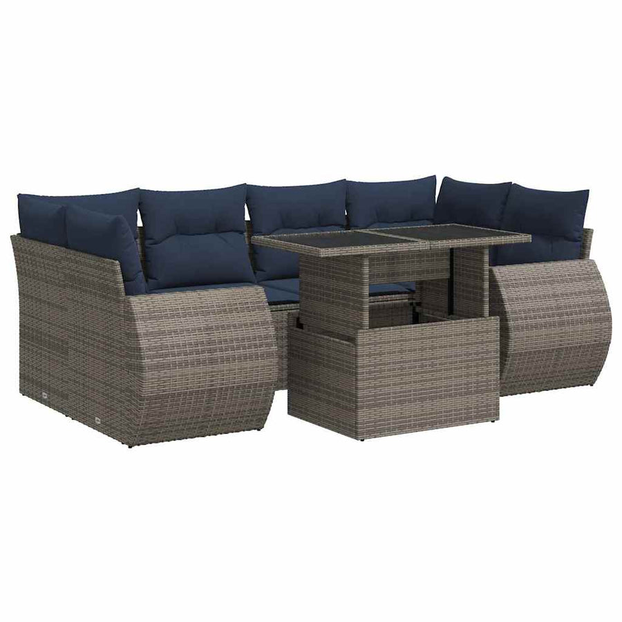 7-delige Loungeset met kussens poly rattan acacia grijs