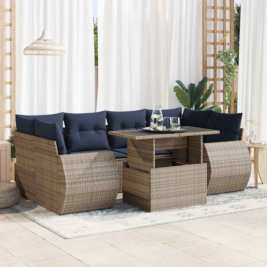 7-delige Loungeset met kussens poly rattan acacia grijs