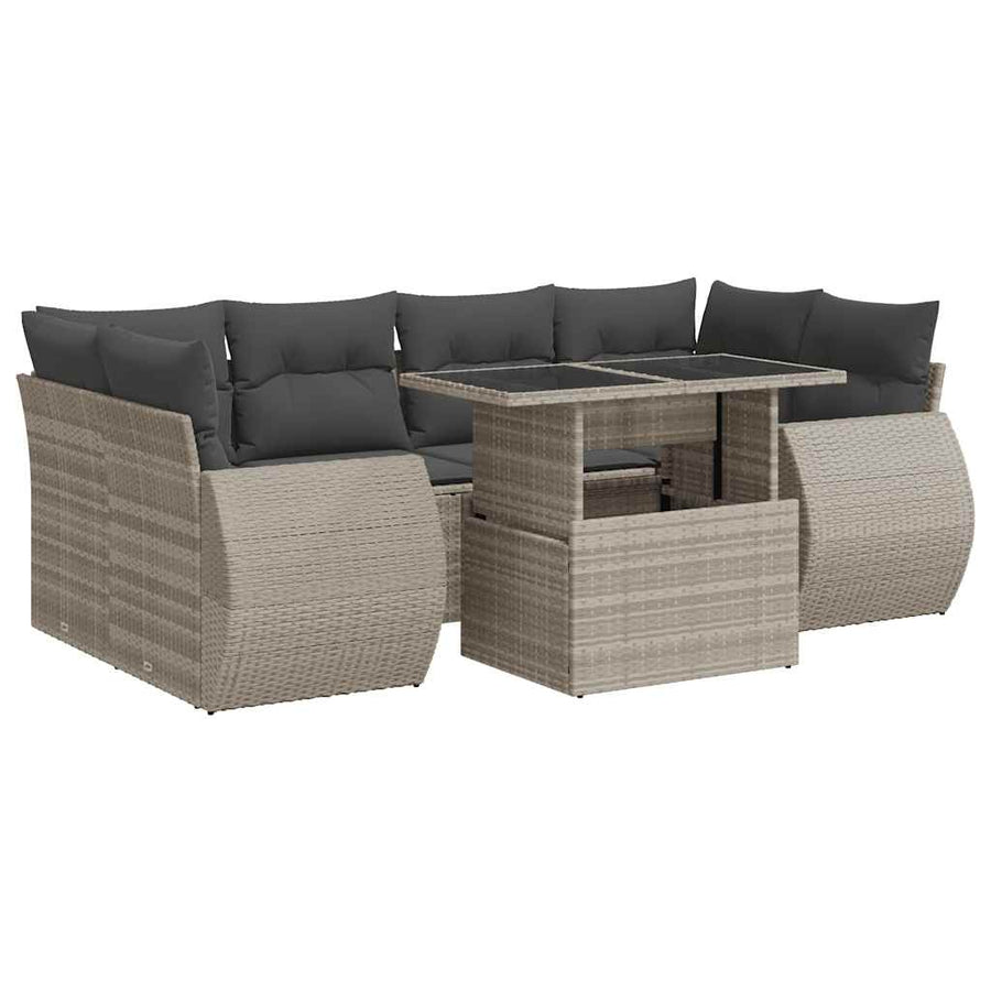 7-delige Loungeset met kussens poly rattan lichtgrijs