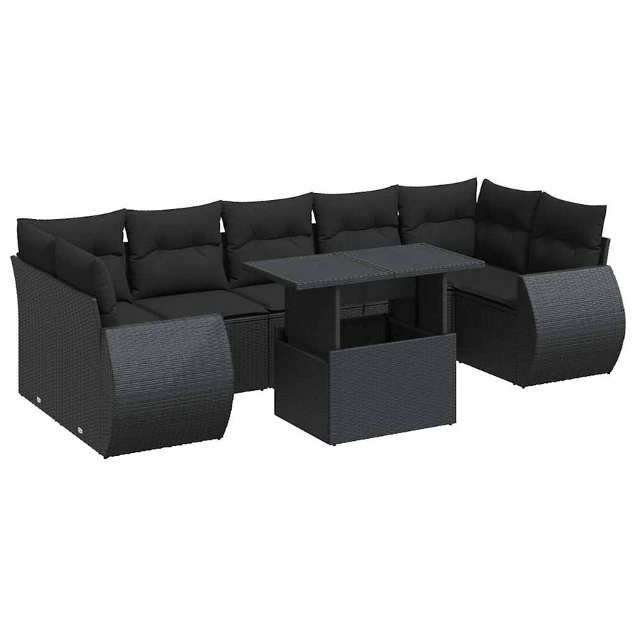 8-delige Loungeset met kussens poly rattan zwart