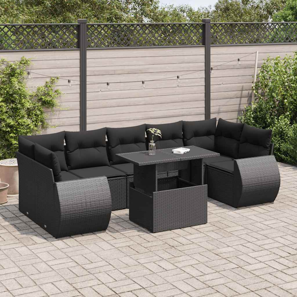 8-delige Loungeset met kussens poly rattan zwart