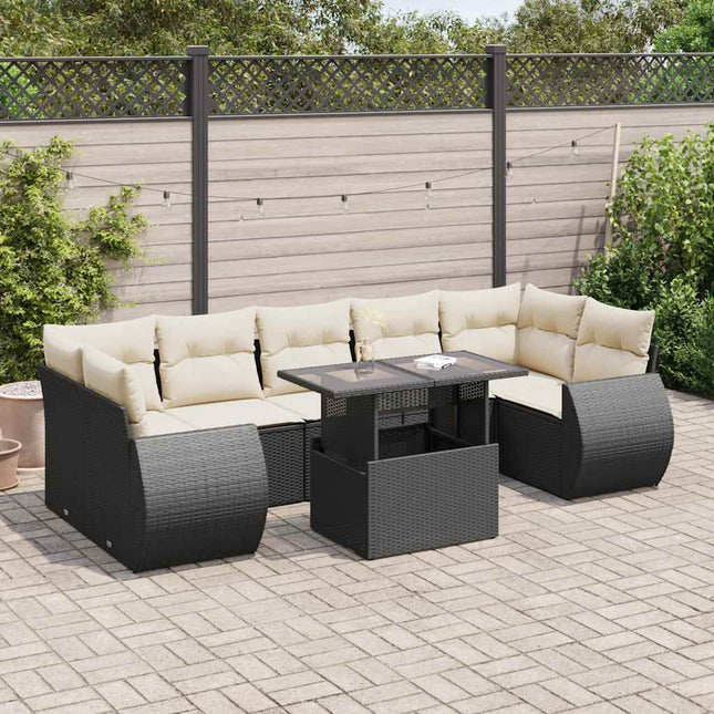 8-delige Loungeset met kussens poly rattan zwart