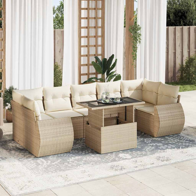 8-delige Loungeset met kussens poly rattan beige