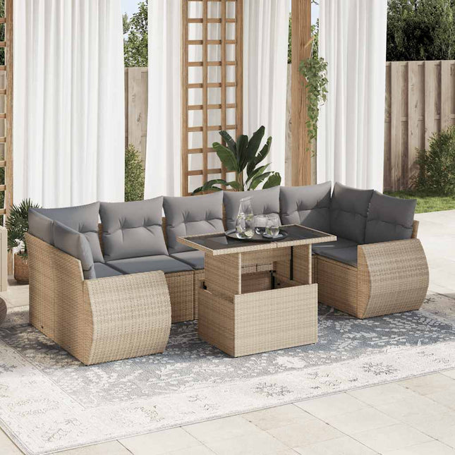 8-delige Loungeset met kussens poly rattan beige