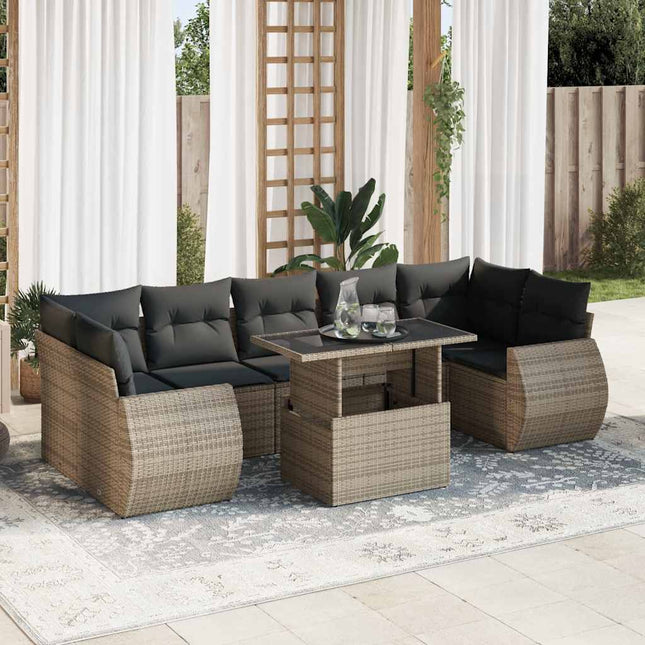 8-delige Loungeset met kussens poly rattan grijs