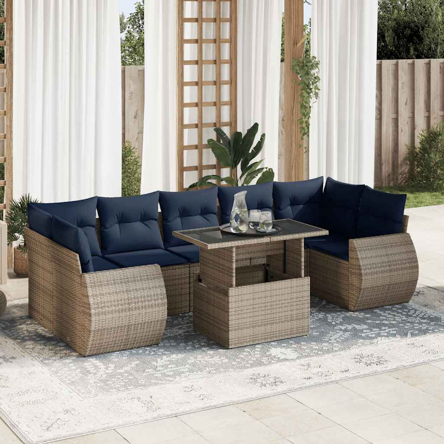 8-delige tuinbankset met kussens, grijs polyrotan acacia