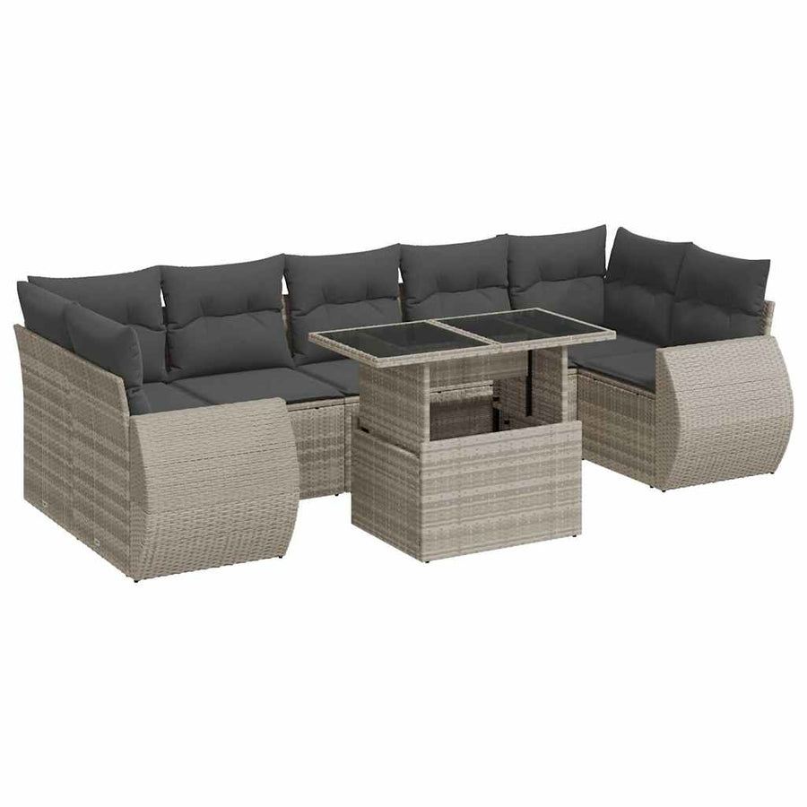 8-delige Loungeset met kussens poly rattan lichtgrijs