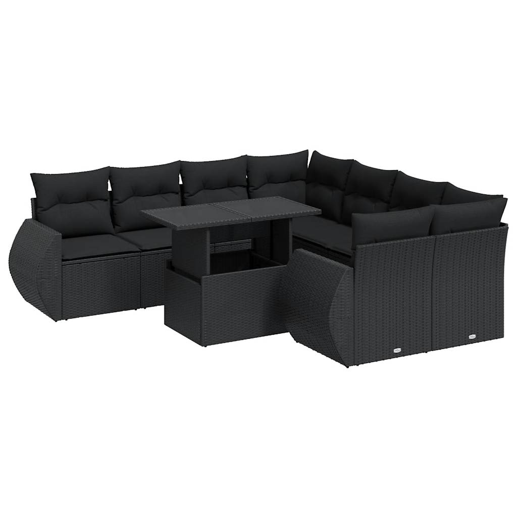 9-delige Loungeset met kussens poly rattan zwart