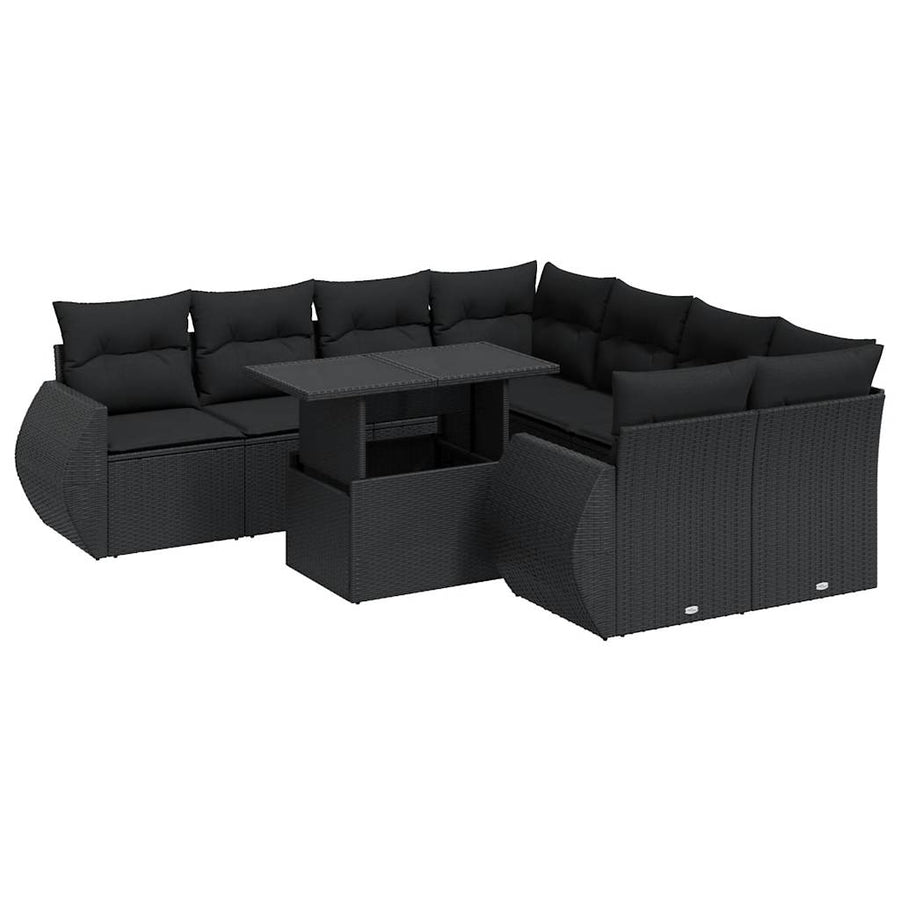 9-delige Loungeset met kussens poly rattan zwart