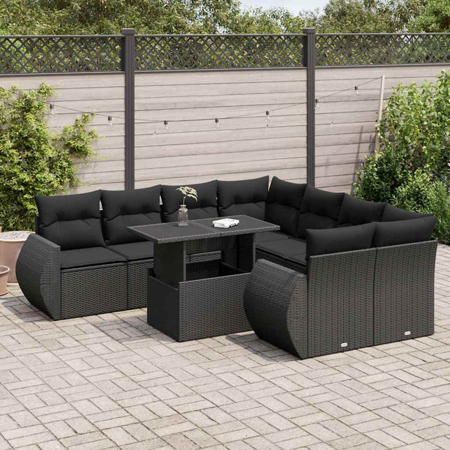 9-delige Loungeset met kussens poly rattan zwart