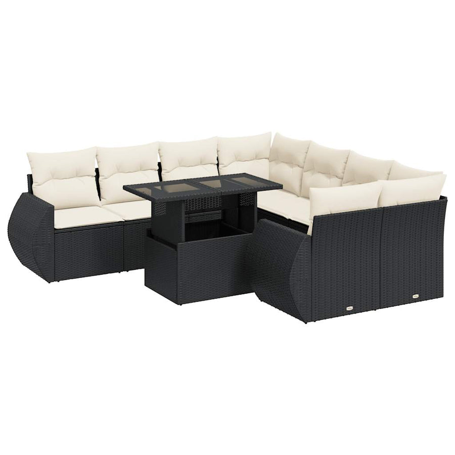 9-delige Loungeset met kussens poly rattan zwart