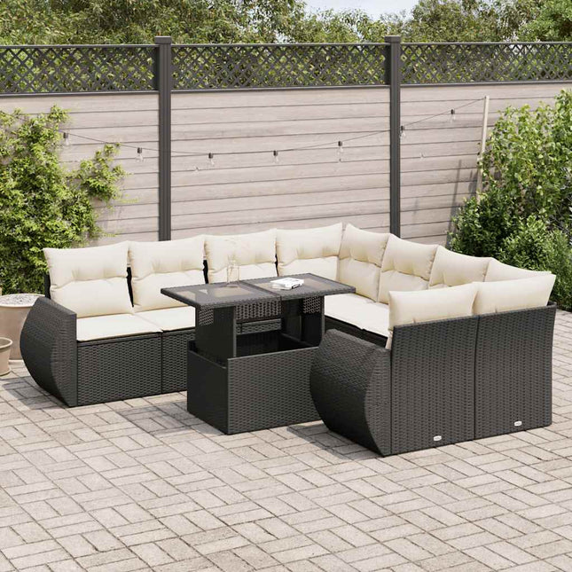 9-delige Loungeset met kussens poly rattan zwart