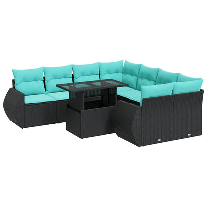 9-delige Loungeset met kussens poly rattan acacia zwart