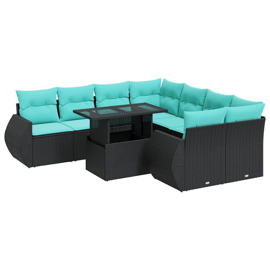 9-delige Loungeset met kussens poly rattan acacia zwart