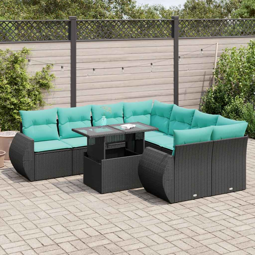 9-delige Loungeset met kussens poly rattan acacia zwart