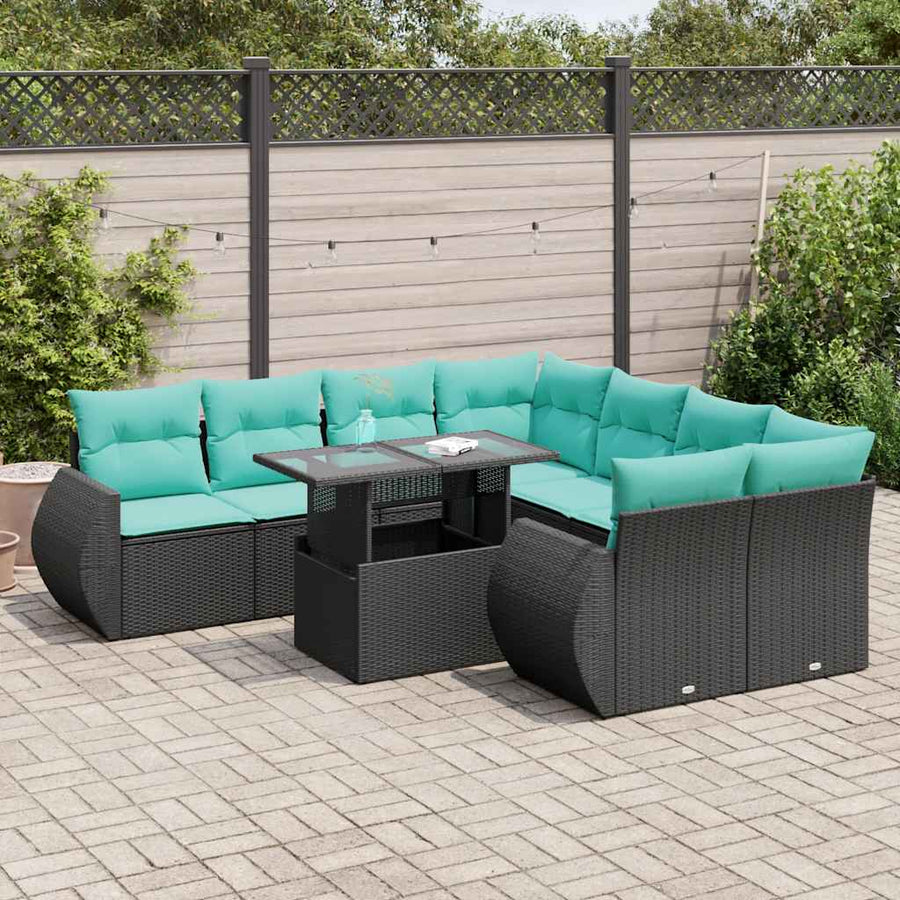 9-delige Loungeset met kussens poly rattan acacia zwart