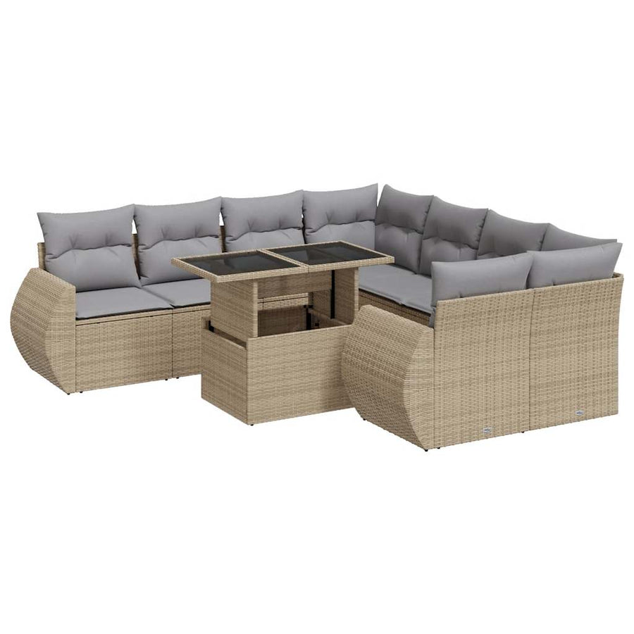 9-delige Loungeset met kussens poly rattan beige