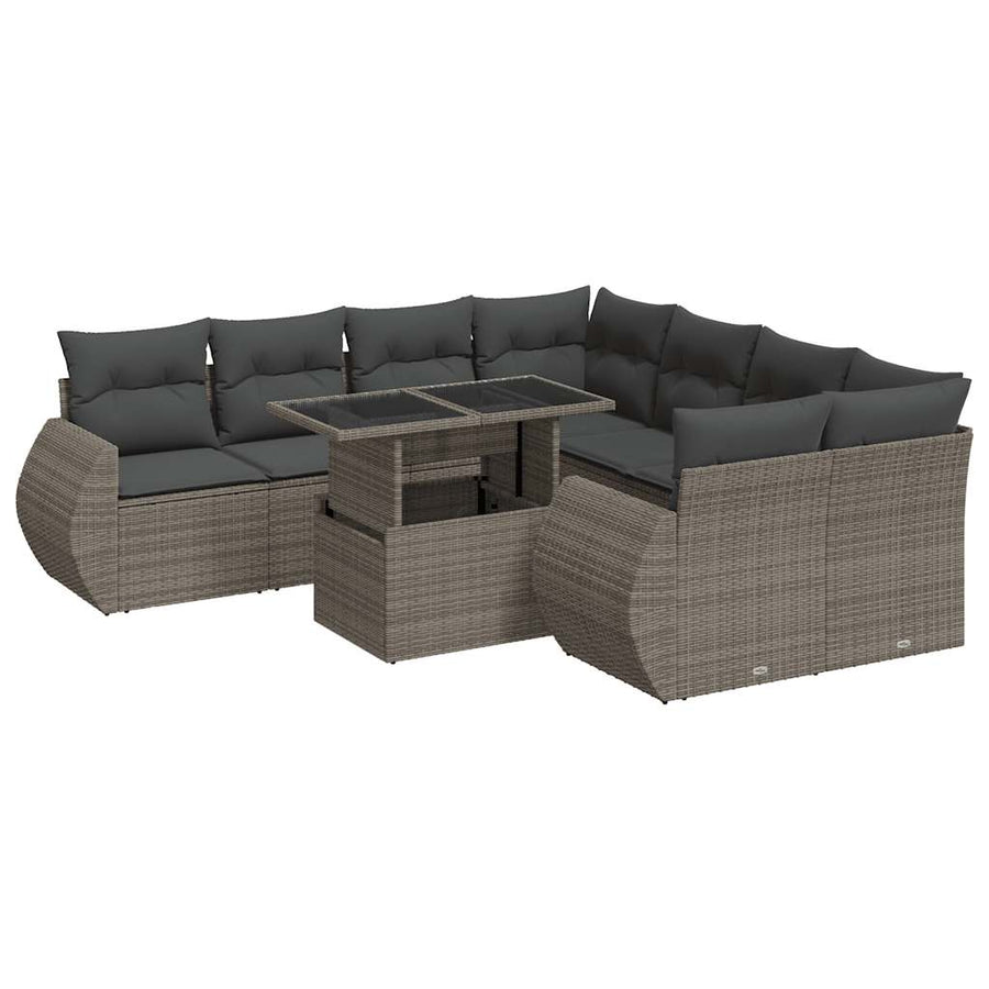 9-delige Loungeset met kussens poly rattan grijs