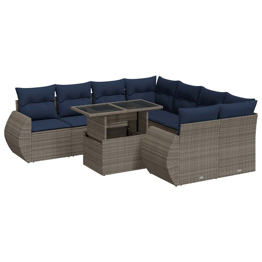9-delige Loungeset met kussens poly rattan acacia grijs