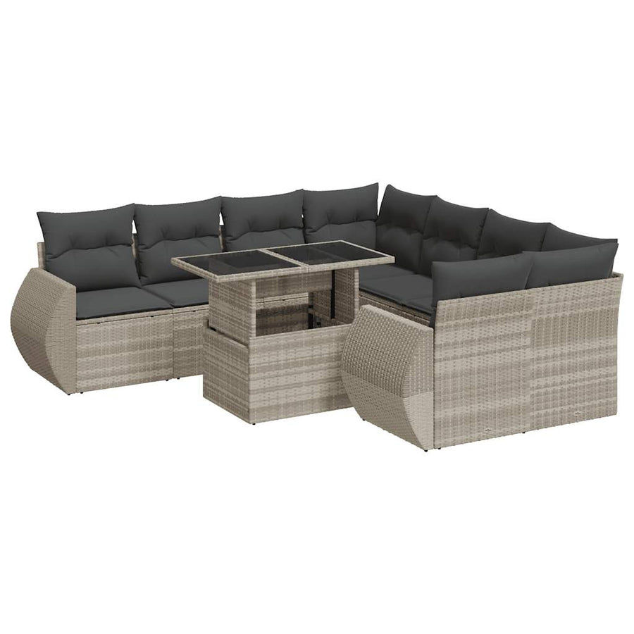9-delige Loungeset met kussens poly rattan lichtgrijs