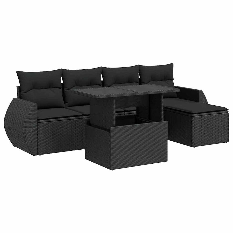 6-delige Loungeset met kussens poly rattan zwart
