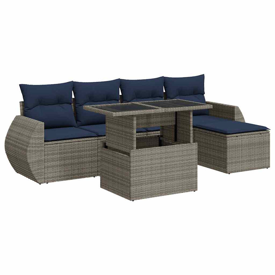 6-delige Loungeset met kussens poly rattan acacia grijs